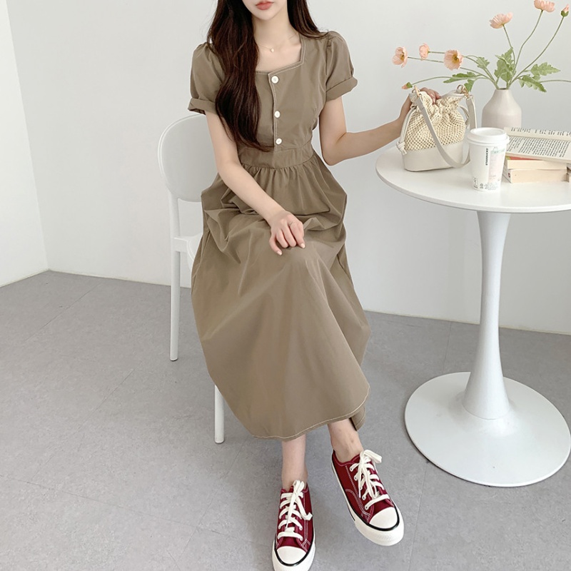Slim square collar retro Korean style short sleeve dress
