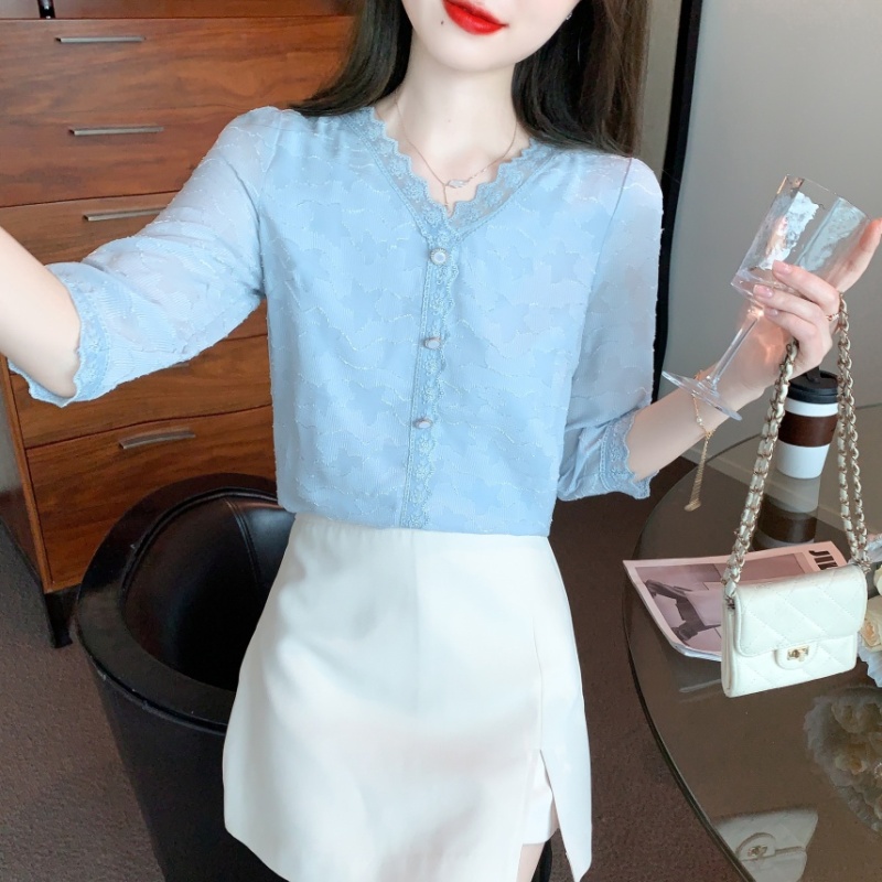 Lace chiffon shirt short sleeve shirt for women