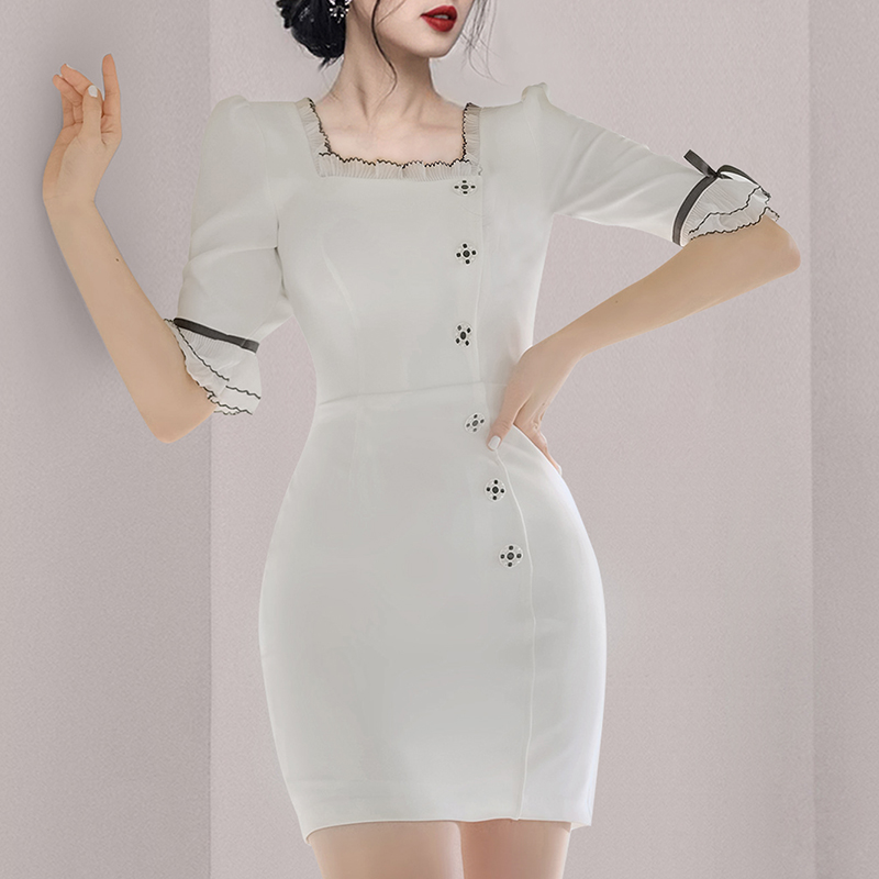 Package hip breasted high waist wood ear square collar dress