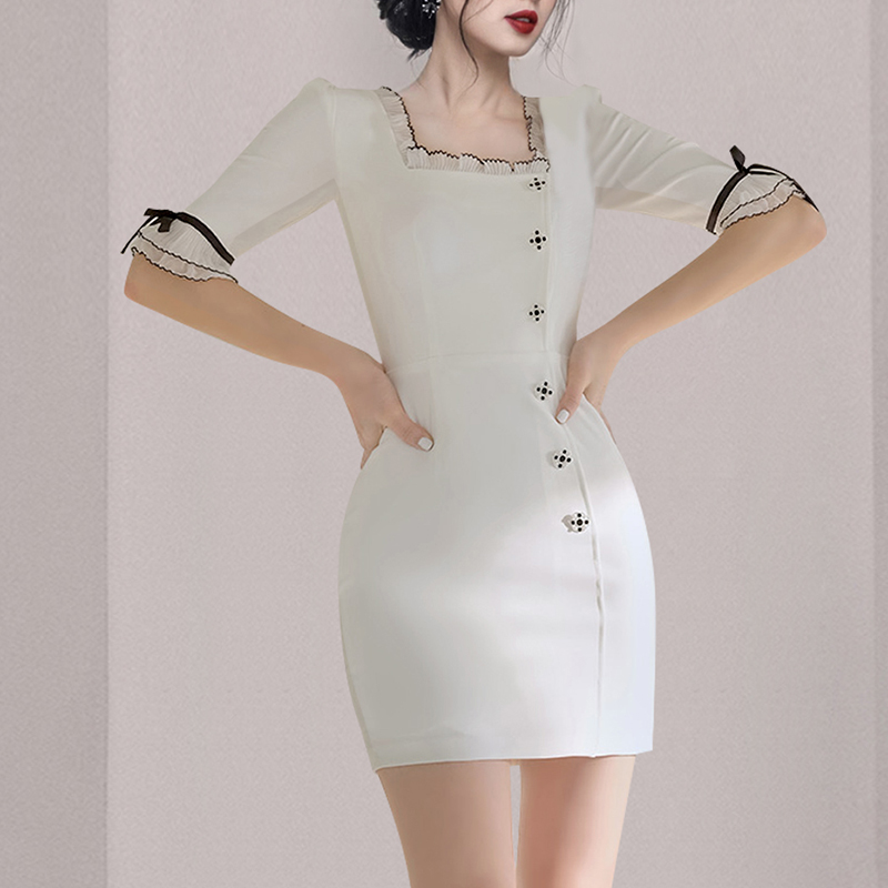 Package hip breasted high waist wood ear square collar dress