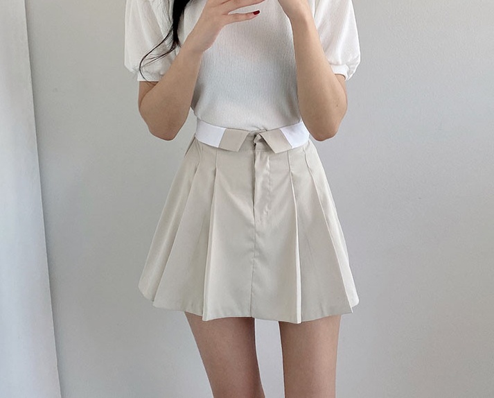 Mixed colors splice skirt pleated all-match short skirt