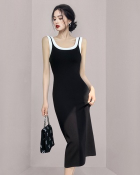 Black long dress knitted sling sleeveless dress