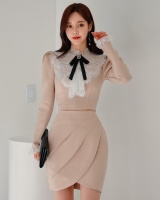 Long sleeve bow Korean style dress high waist spring tops 2pcs set