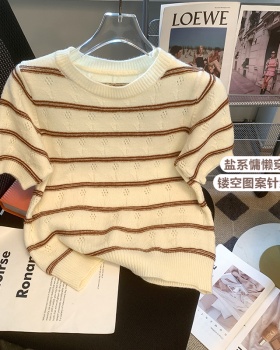 Summer knitted tops short sleeve stripe T-shirt for women