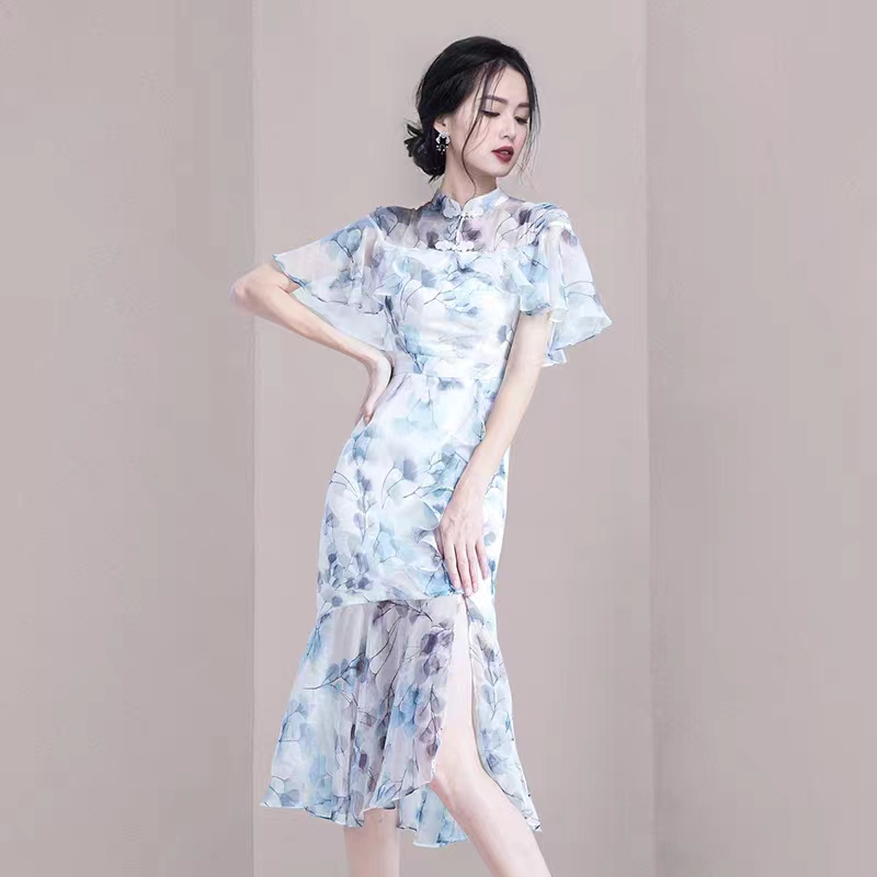 Summer cheongsam pinched waist dress for women