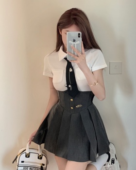 Pinched waist college short skirt pleated T-shirt for women