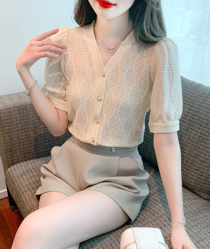 Lace short sleeve chiffon shirt V-neck shirt for women