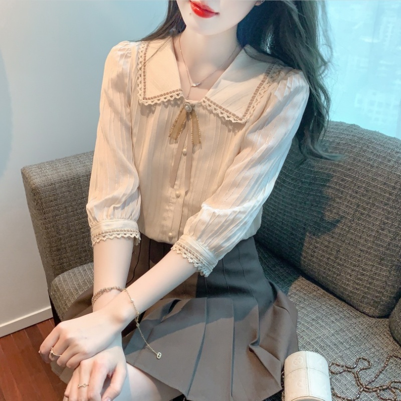 Doll collar bow small shirt short sleeve lace shirt