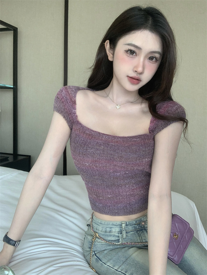 Stripe knitted short T-shirt mixed colors square collar tops