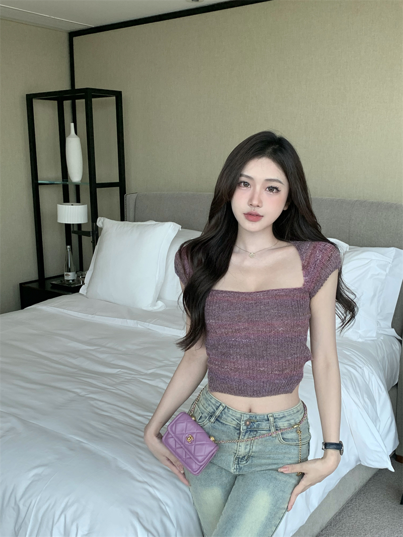 Stripe knitted short T-shirt mixed colors square collar tops