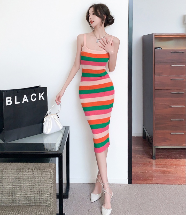 Tight mixed colors spicegirl package hip stripe knitted dress