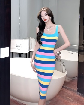 Tight mixed colors spicegirl package hip stripe knitted dress