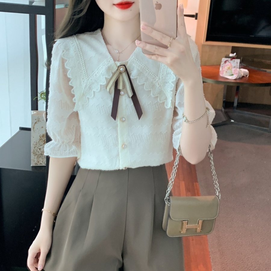 Lace bow chiffon shirt doll collar shirts for women