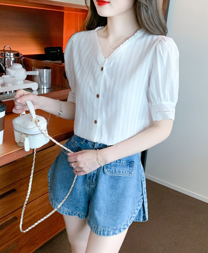 Korean style summer tops lace V-neck chiffon shirt