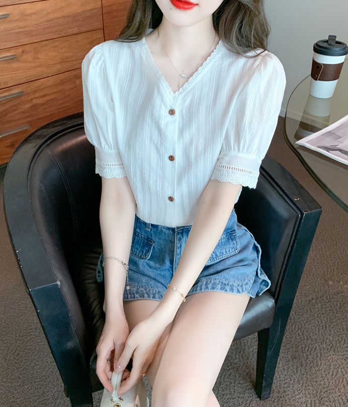 Korean style summer tops lace V-neck chiffon shirt