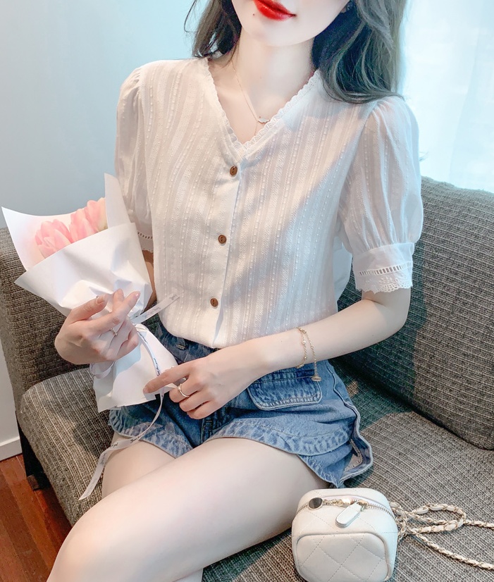 Korean style summer tops lace V-neck chiffon shirt