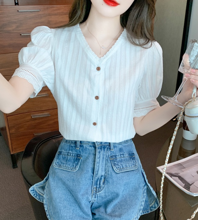 Korean style summer tops lace V-neck chiffon shirt