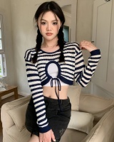 Short long sleeve knitted sweater stripe frenum smock