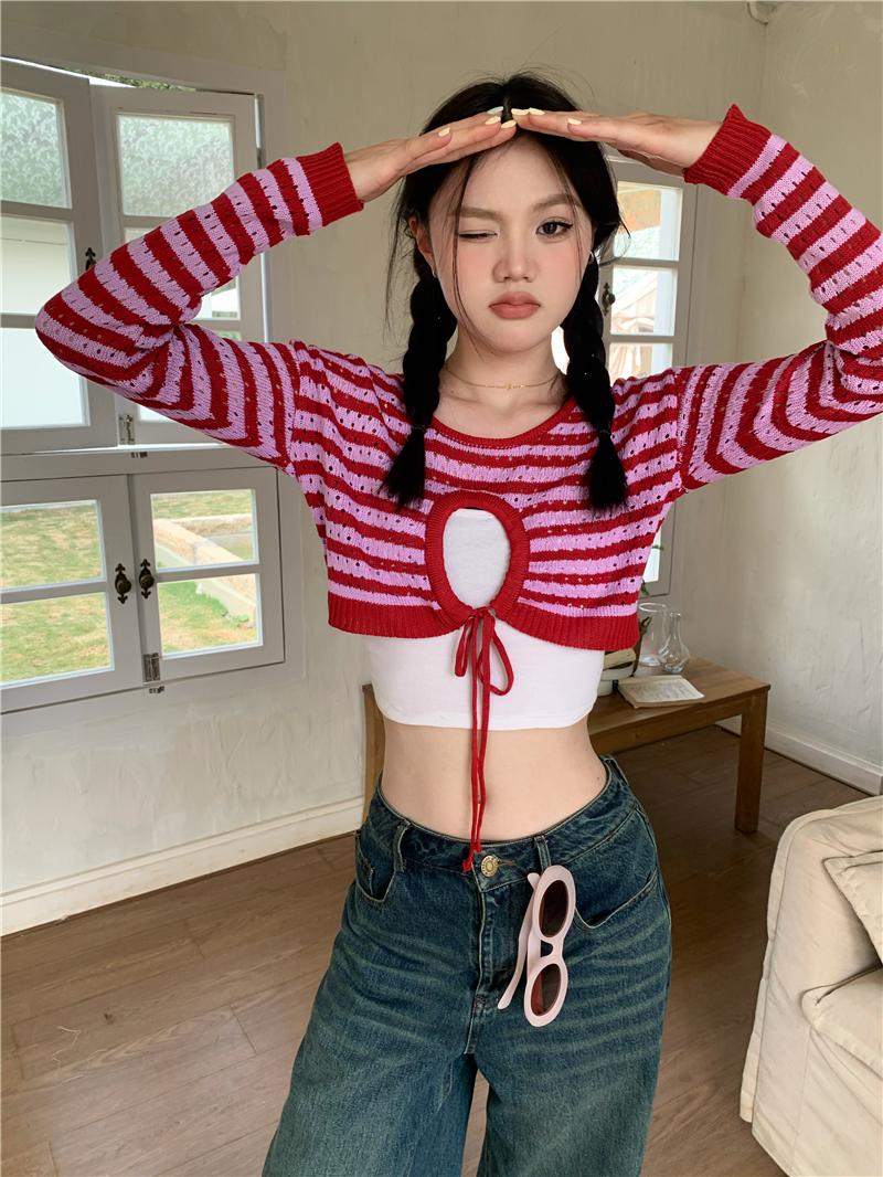 Short long sleeve knitted sweater stripe frenum smock