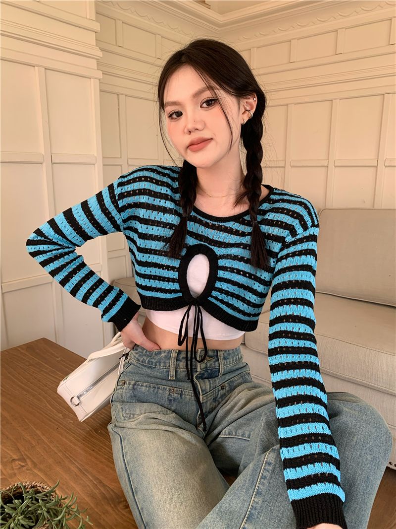 Short long sleeve knitted sweater stripe frenum smock