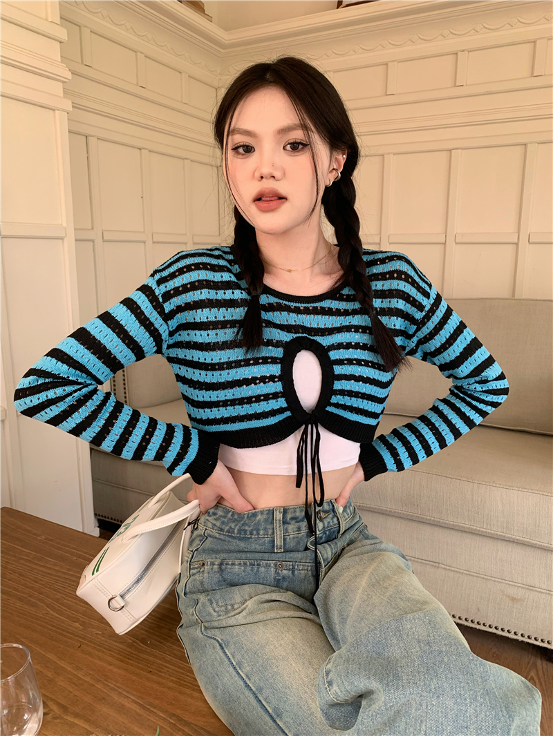 Short long sleeve knitted sweater stripe frenum smock