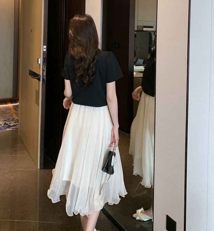 Gauze white short sleeve skirt 2pcs set for women