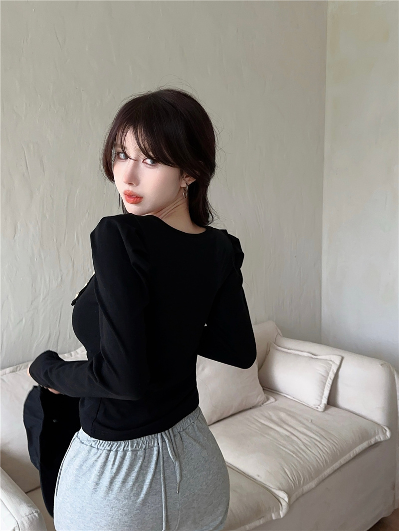 Long sleeve all-match T-shirt square collar tops
