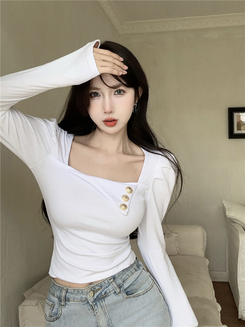 Long sleeve all-match T-shirt square collar tops