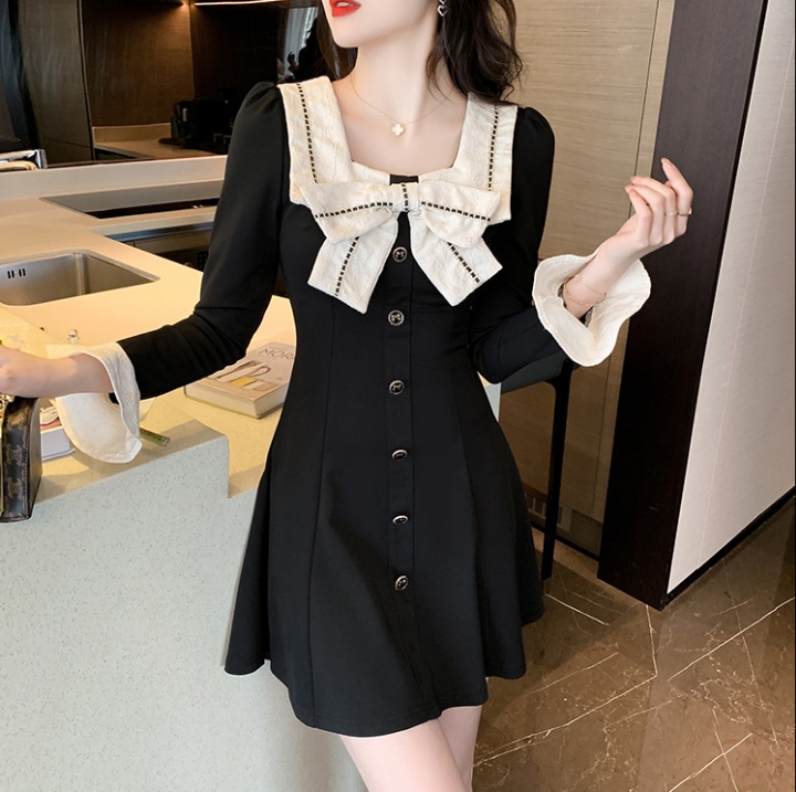 Bow knitted slim square collar dress for women