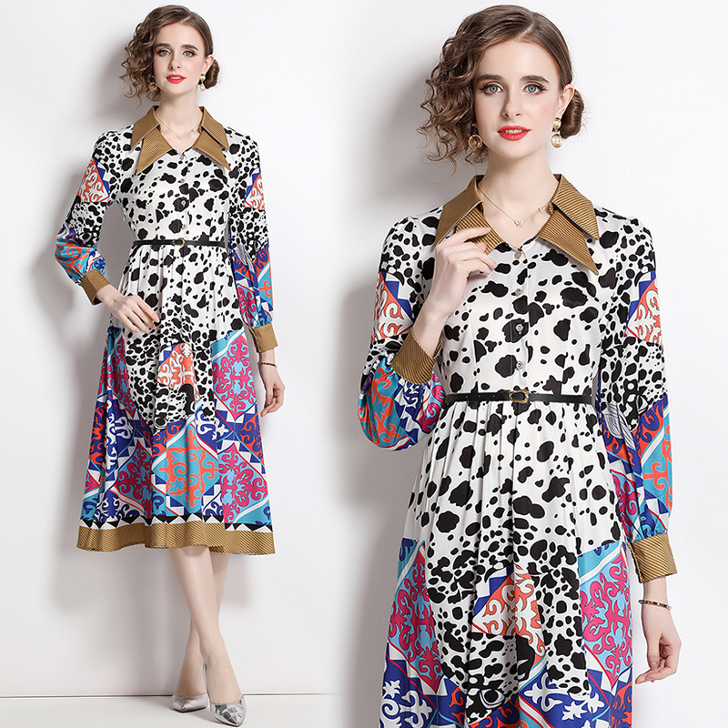 Printing V-neck temperament elegant dress for women