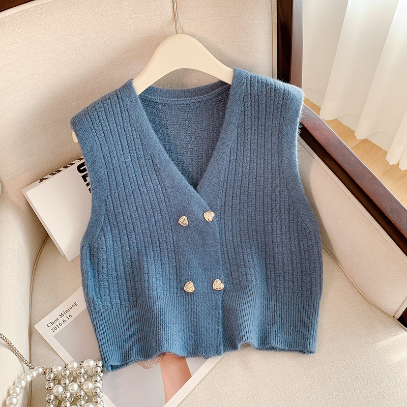 Pure double-breasted sweater knitted V-neck waistcoat for women