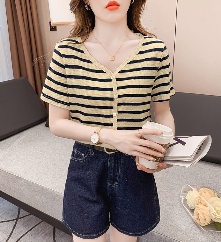 V-neck short knitted T-shirt summer stripe cardigan for women