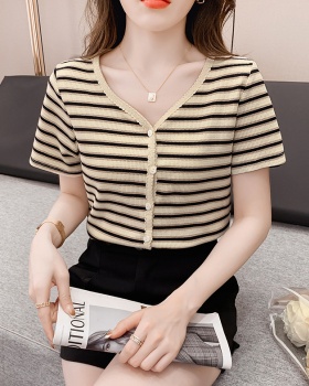 V-neck short knitted T-shirt summer stripe cardigan for women