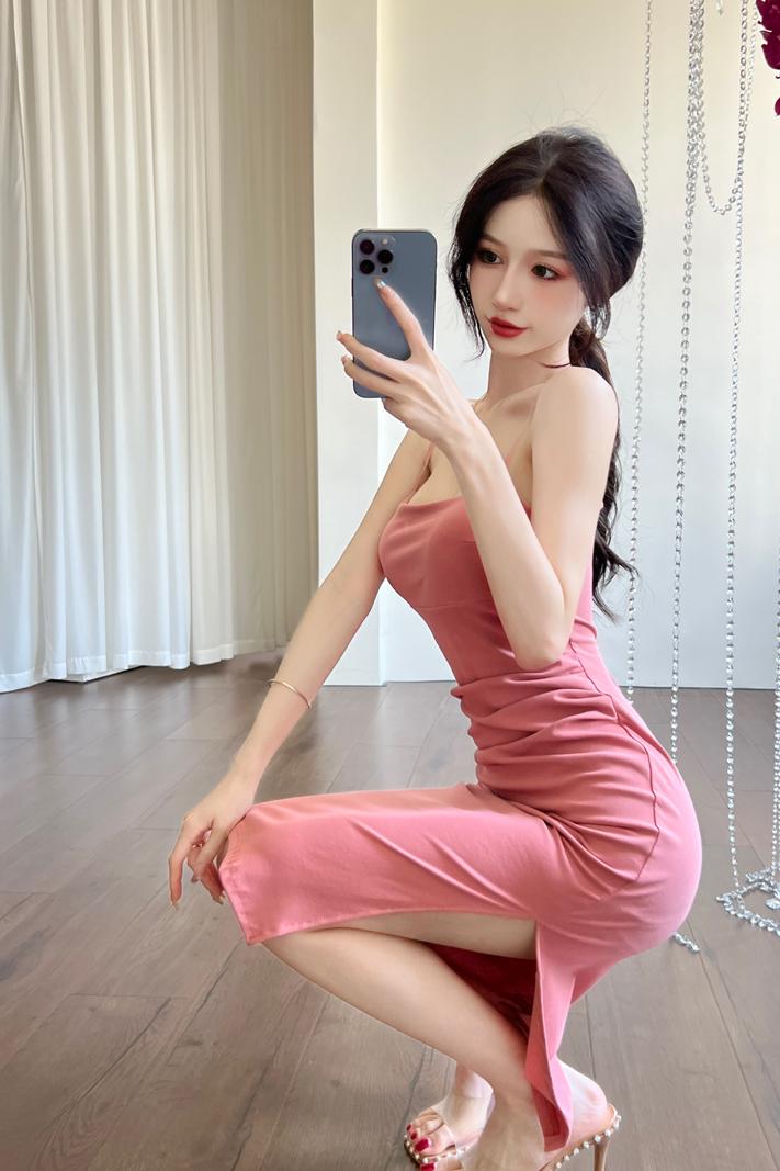 Sling summer dress package hip pink long dress for women