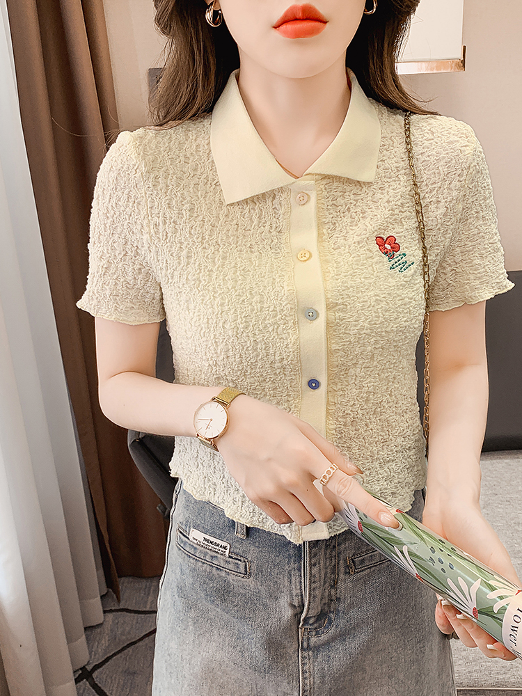 Embroidery lapel T-shirt short summer tops for women