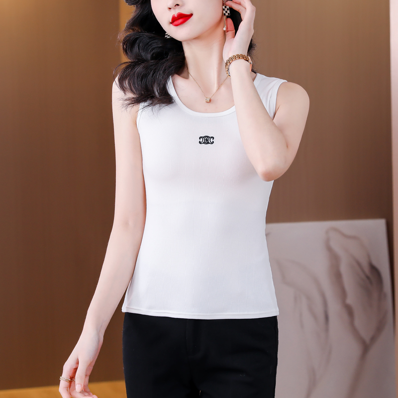 Slim sling black round neck embroidery elasticity vest for women