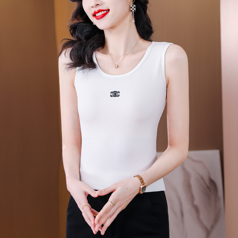 Slim sling black round neck embroidery elasticity vest for women