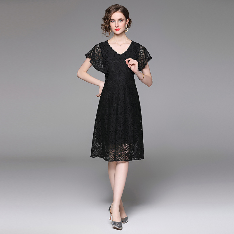 V-neck lace lady black temperament light ladies dress