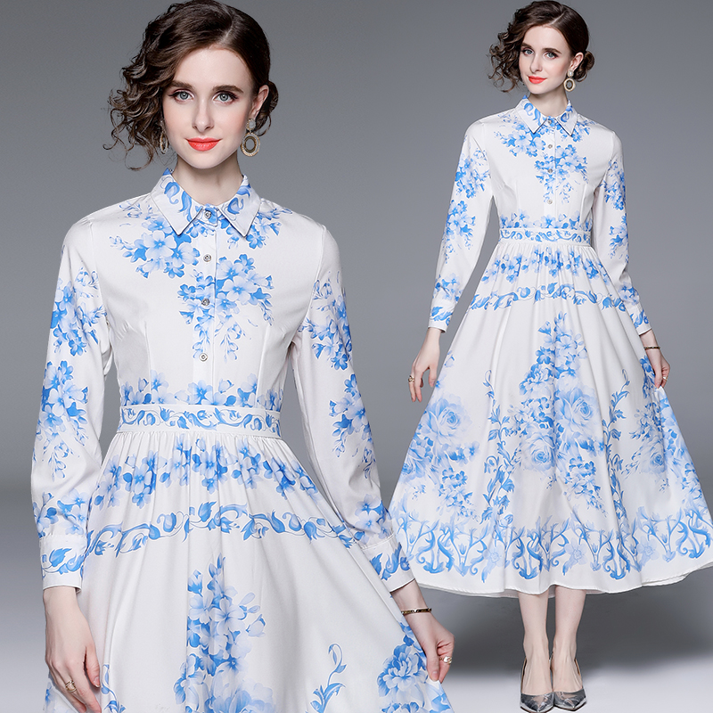 Blue and white porcelain printing dress spring slim long dress