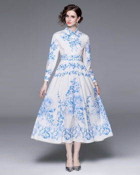 Blue and white porcelain printing dress spring slim long dress