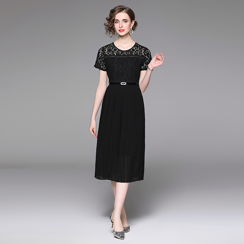 Pleated short sleeve long dress lace dress