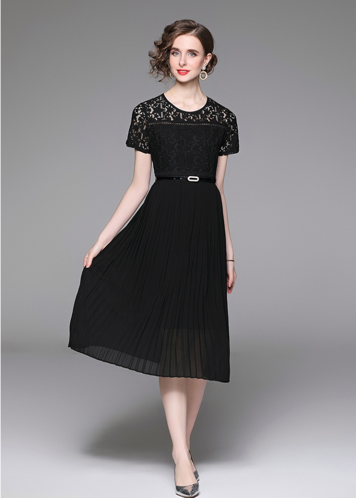 Pleated short sleeve long dress lace dress