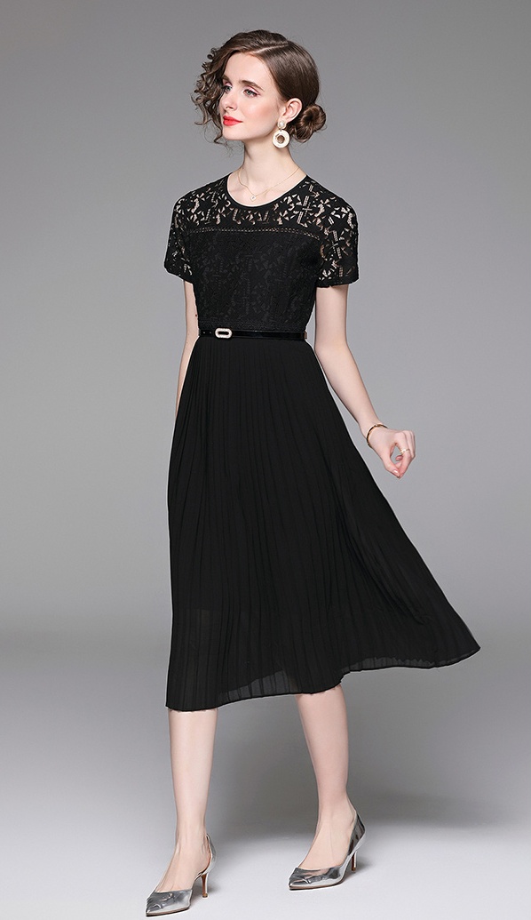 Pleated short sleeve long dress lace dress