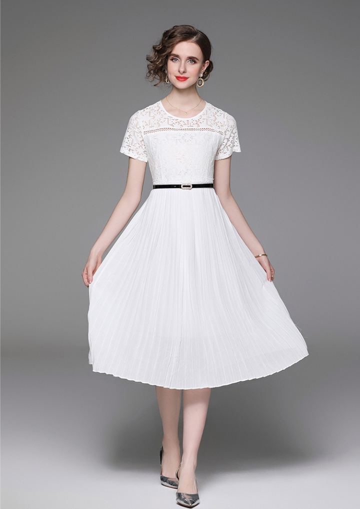 Pleated short sleeve long dress lace dress