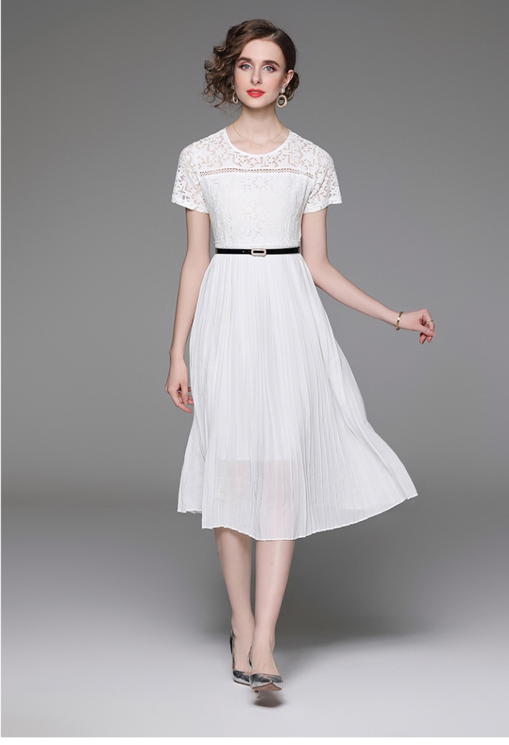 Pleated short sleeve long dress lace dress