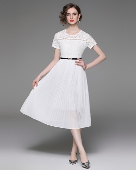 Pleated short sleeve long dress lace dress
