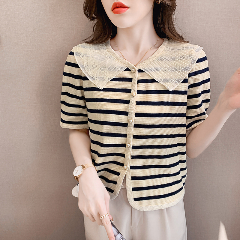 Stripe short sleeve T-shirt doll collar thin coat