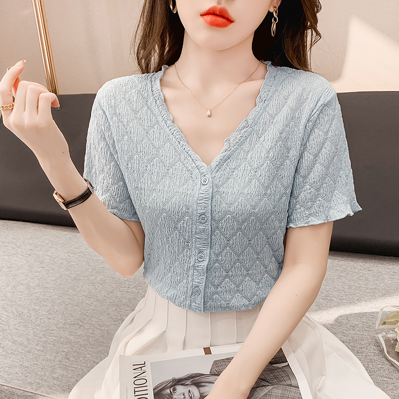 Korean style short sleeve tops summer V-neck shirt for women