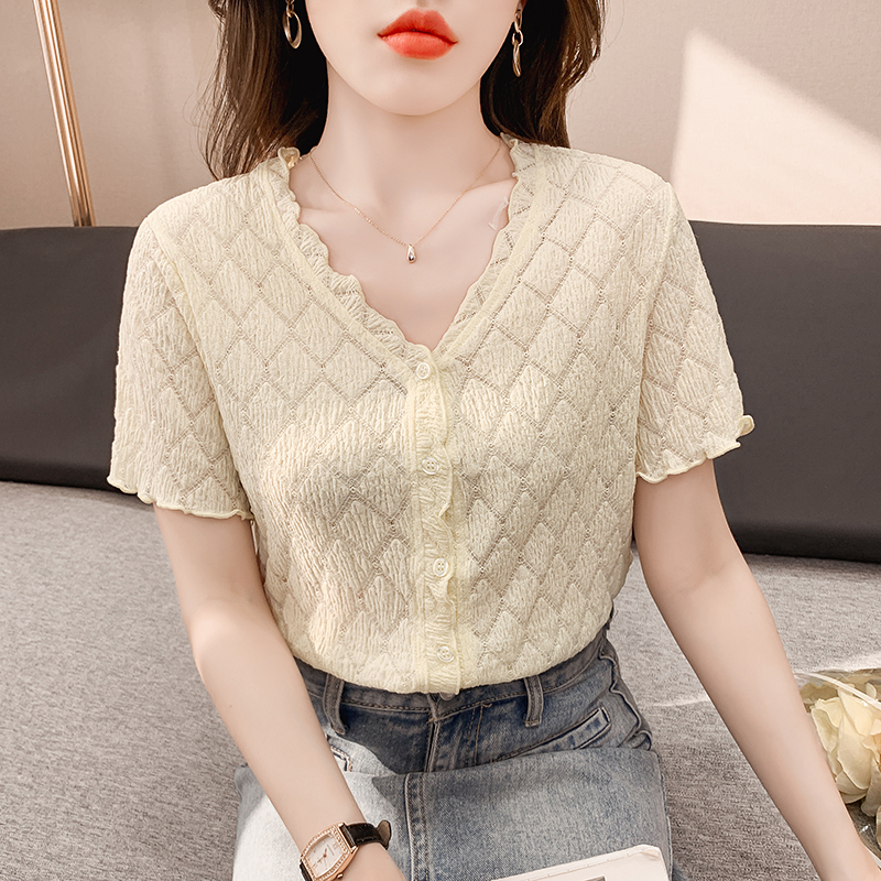 Korean style short sleeve tops summer V-neck shirt for women