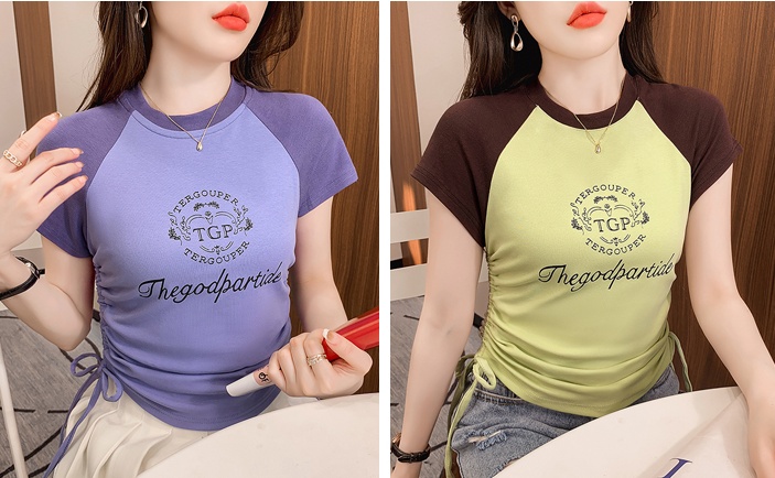 Mixed colors slim T-shirt retro spring tops for women